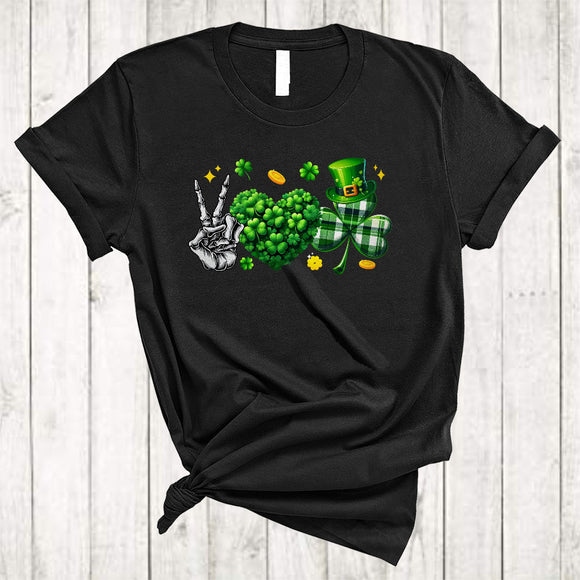 MacnyStore - Peace Skeleton Hand Shamrock Heart Shape, Cheerful St. Patrick's Day Plaid Shamrock, Family T-Shirt