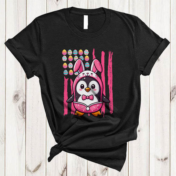MacnyStore - Penguin Bunny Easter Egg US Flag, Lovely Easter Day Animal Lover, Egg Hunt Family Group T-Shirt