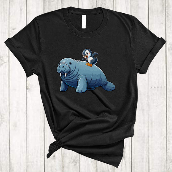 MacnyStore - Penguin Riding Manatee, Humorous Cute Sea Wild Animal, Matching Sea Ocean Biologists Lover T-Shirt