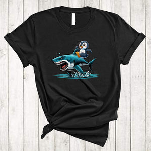 MacnyStore - Penguin Riding Shark, Humorous Cute Sea Wild Animal, Matching Sea Ocean Biologists Lover T-Shirt