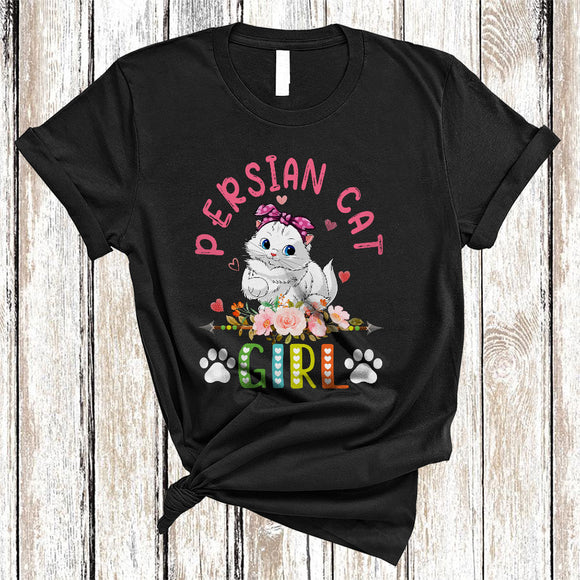 MacnyStore - Persian Cat Girl, Amazing Floral Kitten Lover Hearts Flowers, Matching Girls Women Family T-Shirt