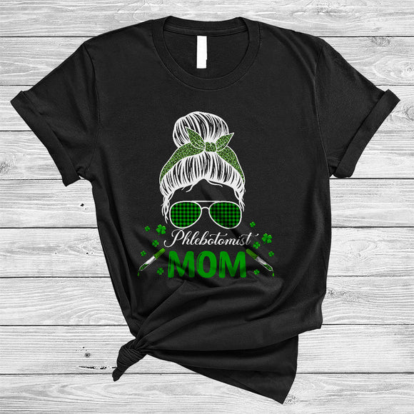 MacnyStore - Phlebotomist Mom, Awesome St. Patrick's Day Green Leopard Plaid Bun Hair Women, Shamrocks T-Shirt