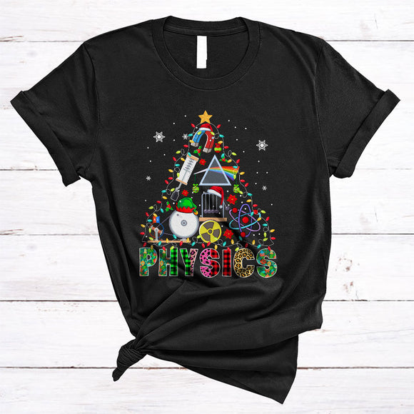 MacnyStore - Physics, Colorful Leopard Plaid Christmas Lights Tree, Matching Physics Teacher Tools Lover T-Shirt