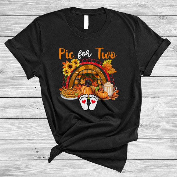 MacnyStore - Pie For Two, Cool Plaid Rainbow Pumpkin, Thanksgiving Pregnancy Announcement Fall Leaf T-Shirt