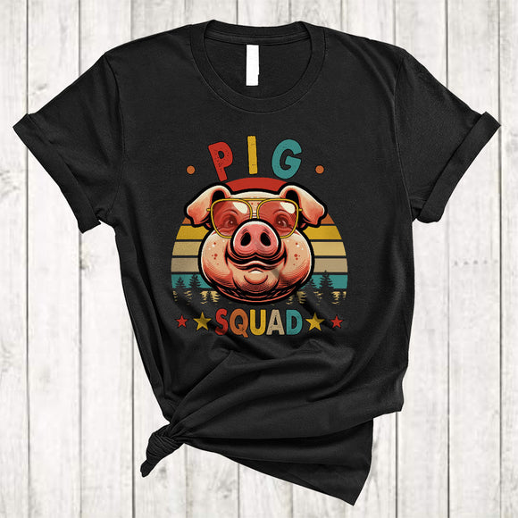 MacnyStore - Pig Squad, Vintage Retro Humorous Pig Wearing Sunglasses, Farmer Farm Animal Lover T-Shirt