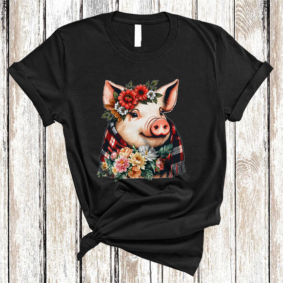 MacnyStore - Pig Wearing Buffalo Red Plaid Scarf, Lovely Pig Farm Animal Lover, Farming Farmer T-Shirt
