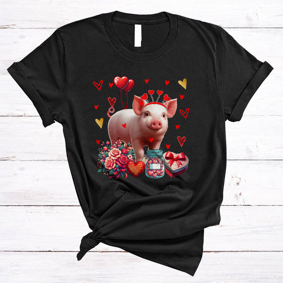 MacnyStore - Pig With Hearts Flowers, Wonderful Valentine's Day Farm Animal, Matching Farmer Group T-Shirt