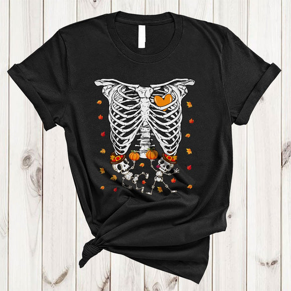 MacnyStore - Pilgrim Babies Skeleton Pumpkin, Humorous Thanksgiving Twin Babies Pregnancy, Fall Leaf Family T-Shirt