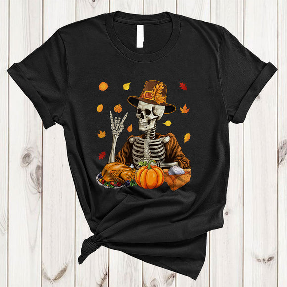 MacnyStore - Pilgrim Skeleton With Pumpkin Turkey, Scary Thanksgiving Skeleton, Fall Leaf Around Family Group T-Shirt