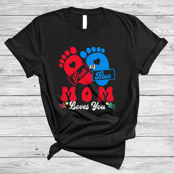 MacnyStore - Pink or Blue Mom Loves You, Lovely Gender Reveal Baby Footprint Pregnancy, Family Group T-Shirt