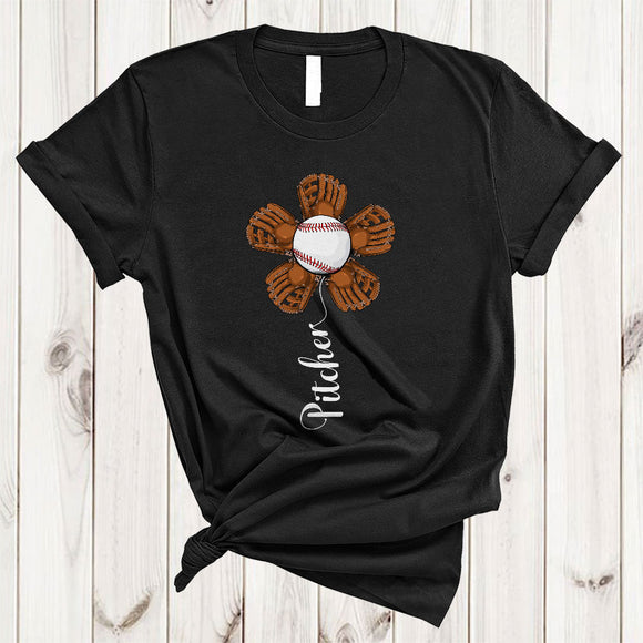 MacnyStore - Pitcher, Joyful Cute Baseball Pitcher Player Sunflower, Flower Matching Sport Player Team T-Shirt