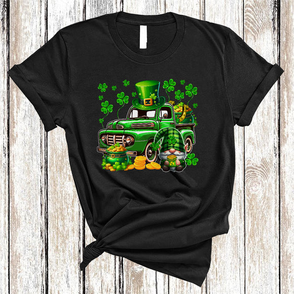 MacnyStore - Plaid Gnome With Leprechaun Pickup Truck, Awesome St. Patrick's Day Gnome, Shamrock Pot Of Gold T-Shirt