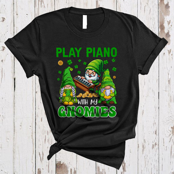 MacnyStore - Play Piano With My Gnomies, Wonderful St. Patrick's Day Three Gnomes, Horseshoes Shamrock T-Shirt