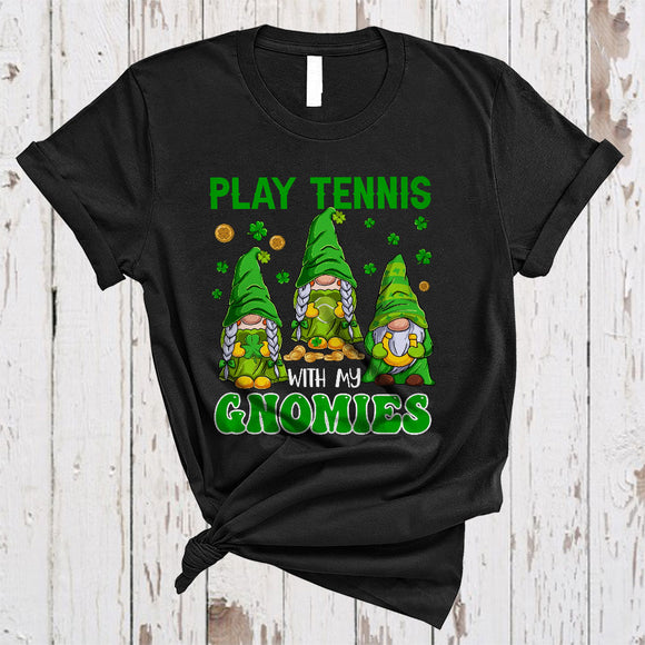 MacnyStore - Play Tennis With My Gnomies, Wonderful St. Patrick's Day Three Gnomes, Horseshoes Shamrock T-Shirt