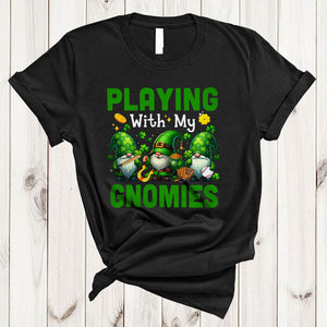MacnyStore - Playing With My Gnomies, Joyful St. Patrick's Day Three Gnomes Baseball Player, Shamrock Sport T-Shirt
