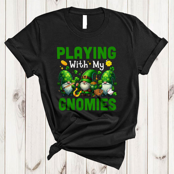 MacnyStore - Playing With My Gnomies, Joyful St. Patrick's Day Three Gnomes Baseball Player, Shamrock Sport T-Shirt