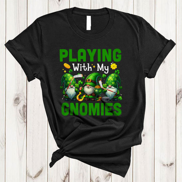 MacnyStore - Playing With My Gnomies, Joyful St. Patrick's Day Three Gnomes Hockey Player, Shamrock Sport T-Shirt