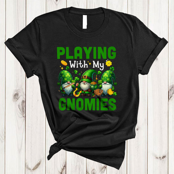 MacnyStore - Playing With My Gnomies, Joyful St. Patrick's Day Three Gnomes Softball Player, Shamrock Sport T-Shirt