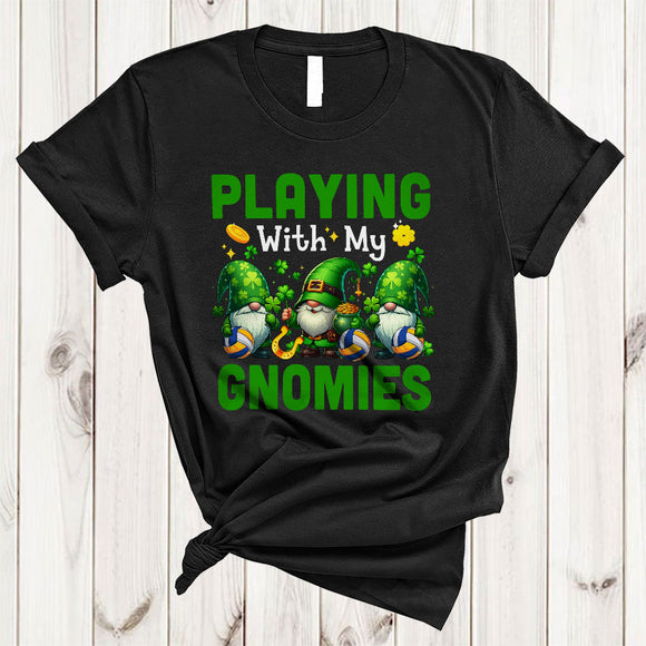MacnyStore - Playing With My Gnomies, Joyful St. Patrick's Day Three Gnomes Volleyball Player, Shamrock Sport T-Shirt
