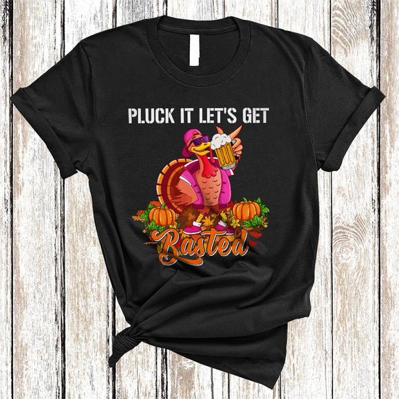 MacnyStore - Pluck It Let's Get Basted, Sarcastic Funny Thanksgiving Turkey Drinking Beer, Fall Pumpkin T-Shirt