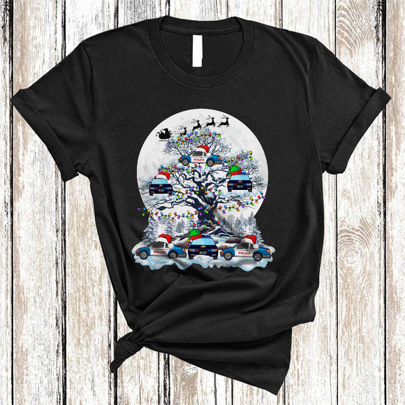 MacnyStore - Police Car On Christmas Tree, Joyful Santa ELF Reindeer Police Car Driver, X-mas Lights Moon T-Shirt
