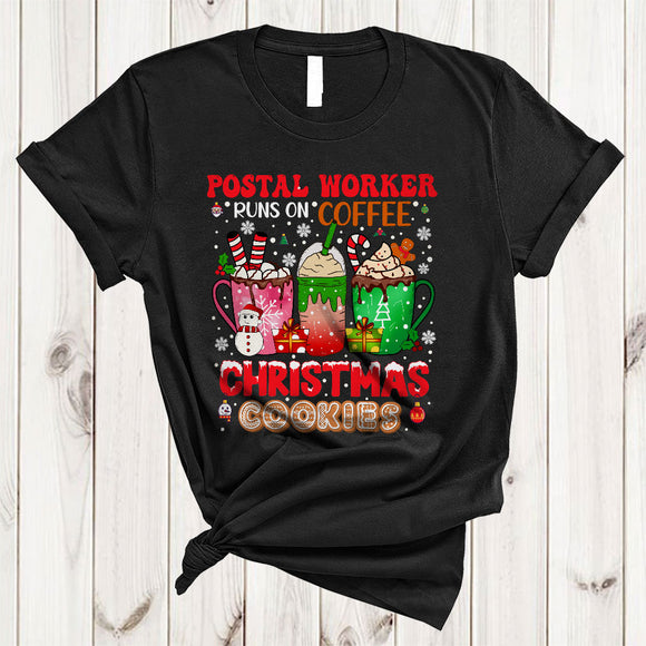 MacnyStore - Postal Worker Runs On Coffee And Christmas Cookies, Joyful Three Coffee Cups, Family X-mas T-Shirt
