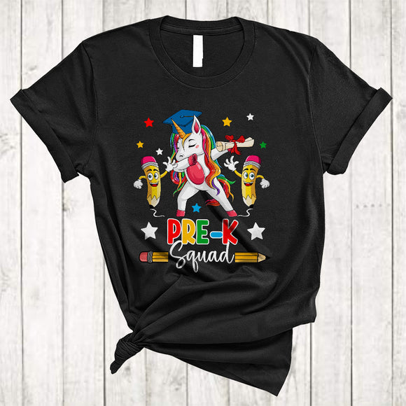 MacnyStore - Pre-K Squad, Lovely Graduation Dabbing Unicorn Pencils, Graduate Student Teacher Group T-Shirt