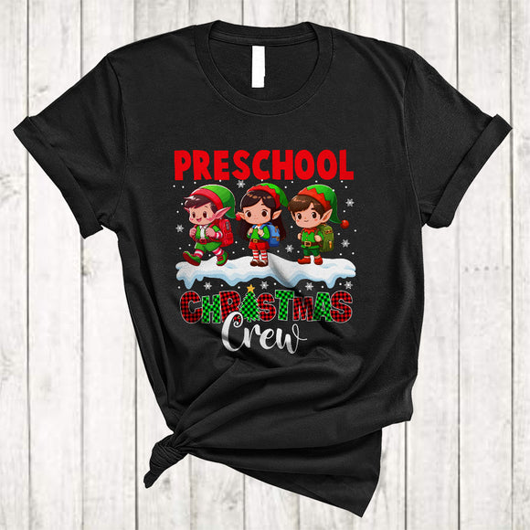 MacnyStore - Preschool Christmas Crew, Joyful Three ELF Students, Matching X-mas Plaid Teacher Group T-Shirt