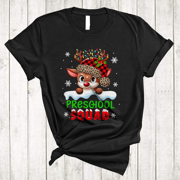 MacnyStore - Preschool Squad, Adorable Red Plaid Christmas Reindeer, X-mas Lights Students Teacher Group T-Shirt