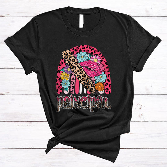 MacnyStore - Principal Cute Awesome Back To School Flowers Lips Leopard Rainbow Principal Family Group T-Shirt