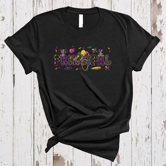 MacnyStore - Principal, Cheerful Mardi Gras Plaid Mask Jester Hat Beads, Parades Matching Principal Squad T-Shirt