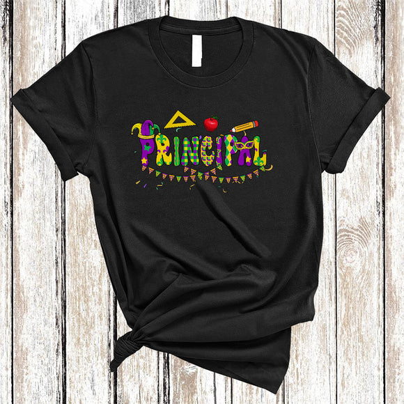 MacnyStore - Principal, Cheerful Mardi Gras Squad Principal Lover, Mardi Gras Mask Jester Hat Parades Group T-Shirt