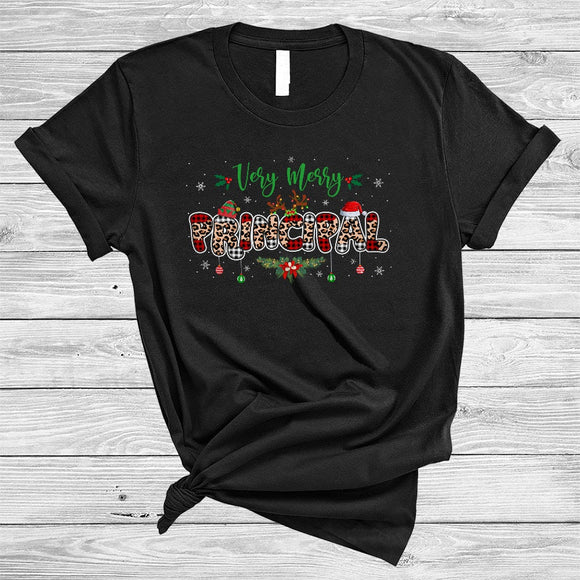 MacnyStore - Very Merry Principal, Joyful Christmas Red Plaid Leopard Snow Around, Matching Principal Group T-Shirt