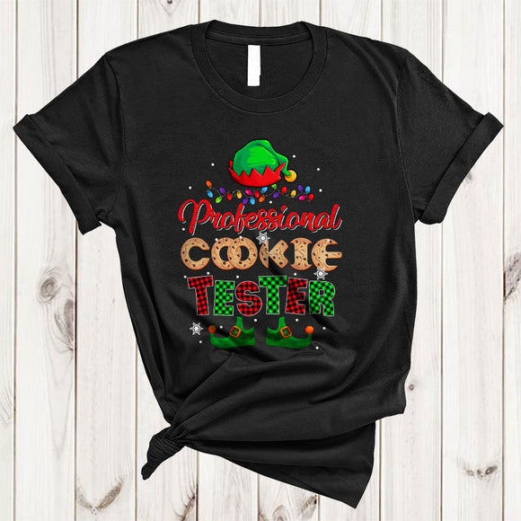 MacnyStore - Professional Cookie Tester, Adorable Christmas Plaid ELF Hat Feet, X-mas Lights Baking Baker T-Shirt