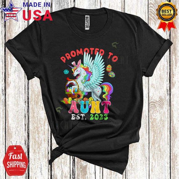 MacnyStore - Promoted To Aunt EST 2023 Cute Cool Easter Pregnancy Announcement Bunny Unicorn Family T-Shirt