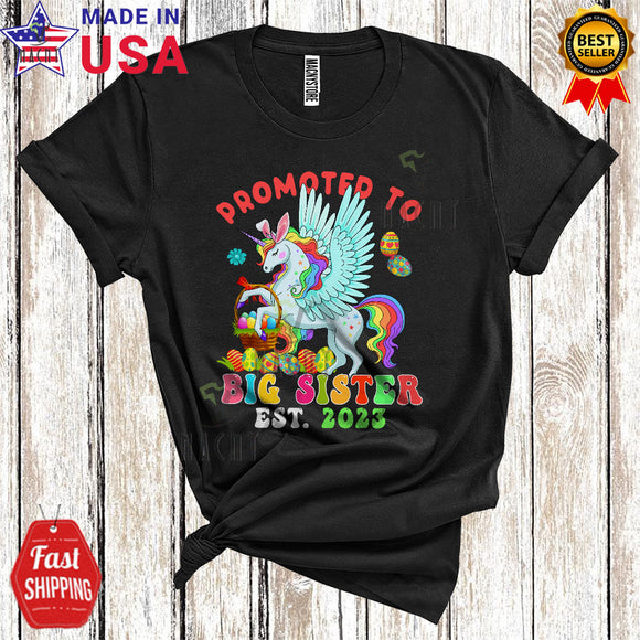 MacnyStore - Promoted To Big Sister EST 2023 Cute Cool Easter Pregnancy Announcement Bunny Unicorn Family T-Shirt