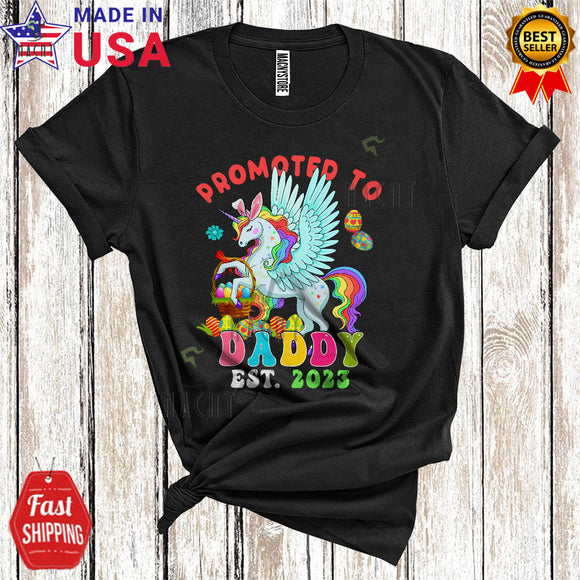 MacnyStore - Promoted To Daddy EST 2023 Cute Cool Easter Pregnancy Announcement Bunny Unicorn Family T-Shirt