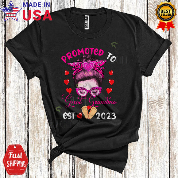 MacnyStore - Promoted To Great Grandma Est 2023 Cute Cool Pregnancy Mother's Day Messy Bun Hair Woman Face T-Shirt
