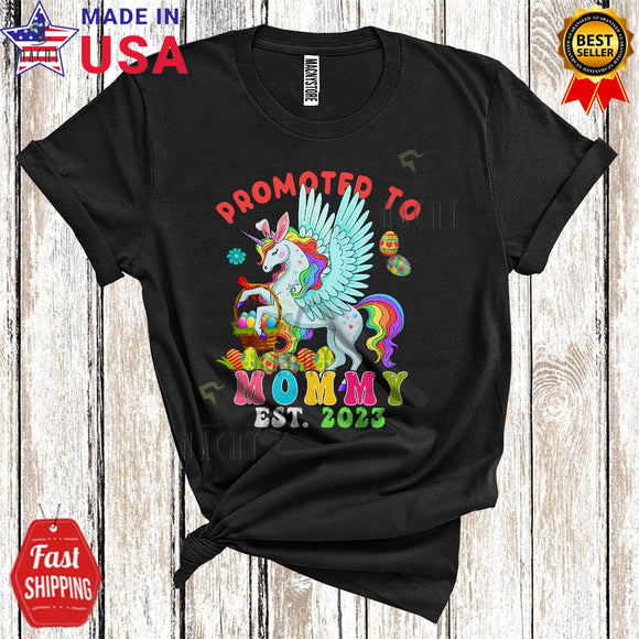 MacnyStore - Promoted To Mommy EST 2023 Cute Cool Easter Pregnancy Announcement Bunny Unicorn Family T-Shirt
