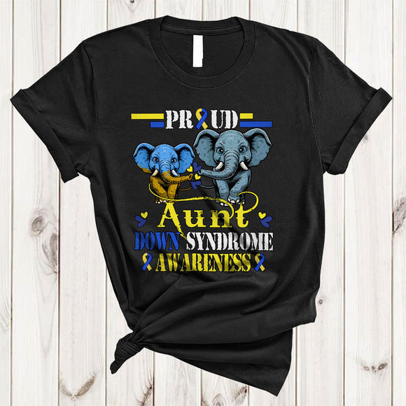 MacnyStore - Proud Aunt, Cool Down Syndrome Awareness Ribbon Two Elephants, Wild Animal Family T-Shirt