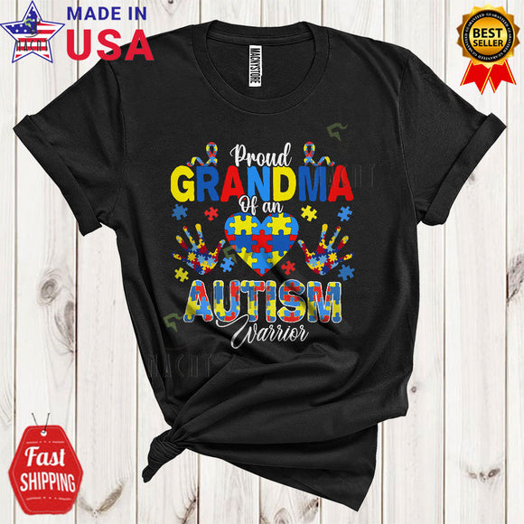 MacnyStore - Proud Grandma Of An Autism Warrior Cool Funny Autism Awareness Puzzle Hands Heart T-Shirt