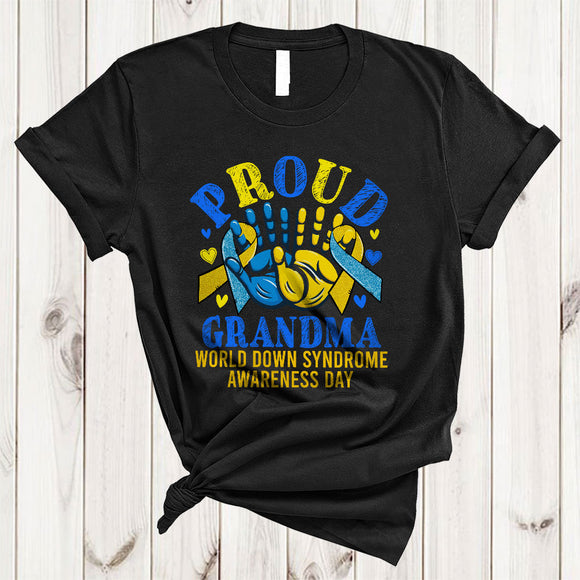 MacnyStore - Proud Grandma, Adorable World Down Syndrome Awareness Ribbon Hands, Family Group T-Shirt