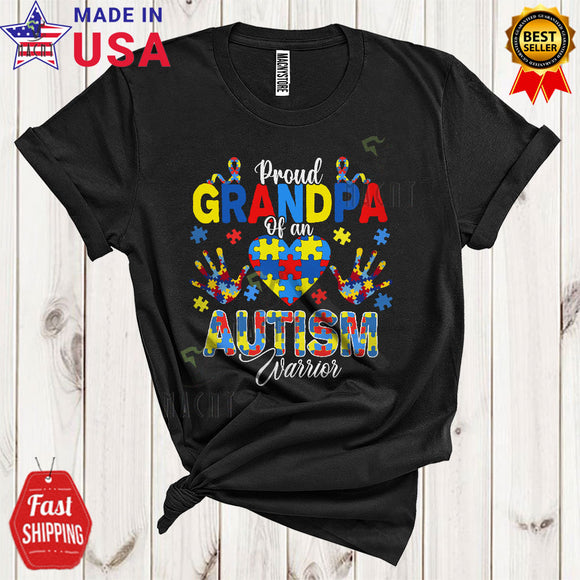 MacnyStore - Proud Grandpa Of An Autism Warrior Cool Funny Autism Awareness Puzzle Hands Heart T-Shirt