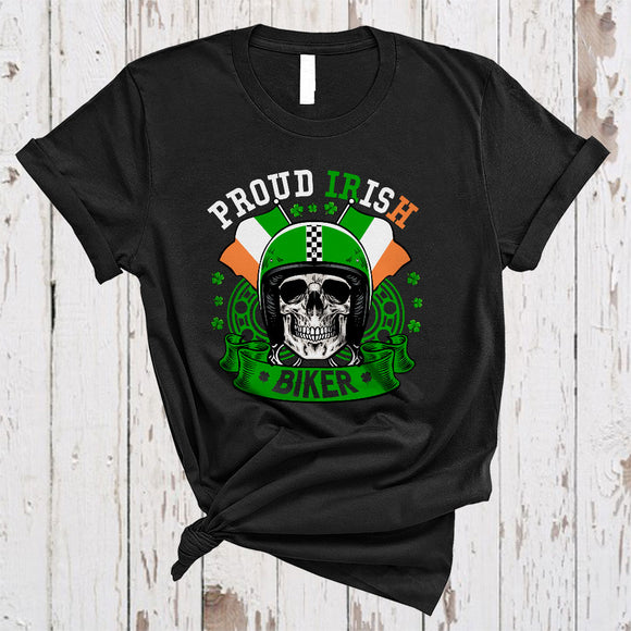 MacnyStore - Proud Irish Biker, Scary Humorous St. Patrick's Day Irish Flag Skull, Matching Biker Group T-Shirt