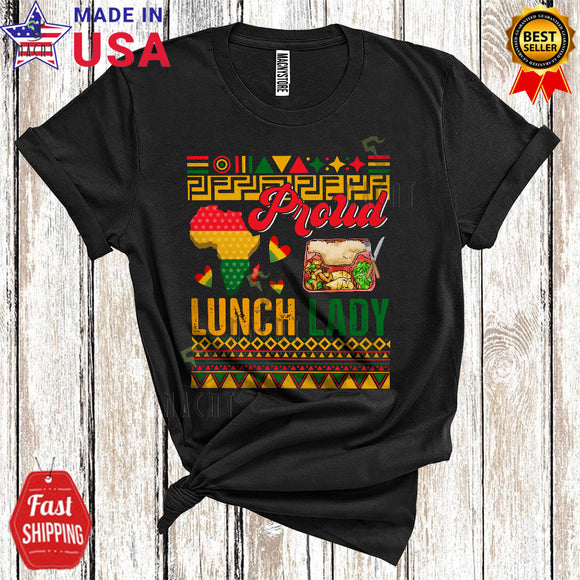 MacnyStore - Proud Lunch Lady Cute Cool Black History Month Juneteenth African Hearts Maps Matching Group T-Shirt
