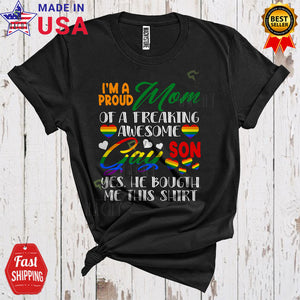 MacnyStore - Proud Mom Of A Freaking Awesome Gay Son Cool Funny Mother's Day Gay Flag LGBTQ Pride Family T-Shirt