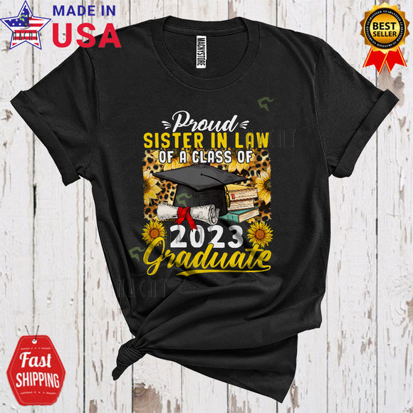MacnyStore - Proud Sister In Law Of A Class Of 2023 Graduate Cool Cute Graduation Leopard Sunflowers Family Lover T-Shirt