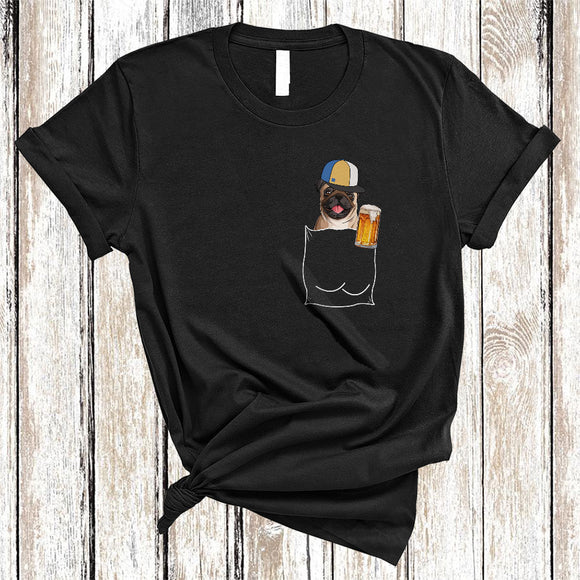 MacnyStore - Pug Drinking Beer In Pocket, Humorous Drunker Beer Animal Lover, Drinking Group T-Shirt