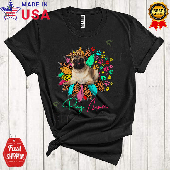 MacnyStore - Pug Mom Funny Cool Mother's Day Family Leopard Half Sunflower Paws T-Shirt