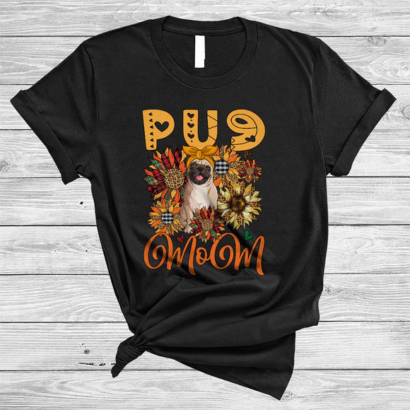 MacnyStore - Pug Mom, Lovely Mother's Day Leopard Plaid Sunflowers, Matching Mom Family Group T-Shirt